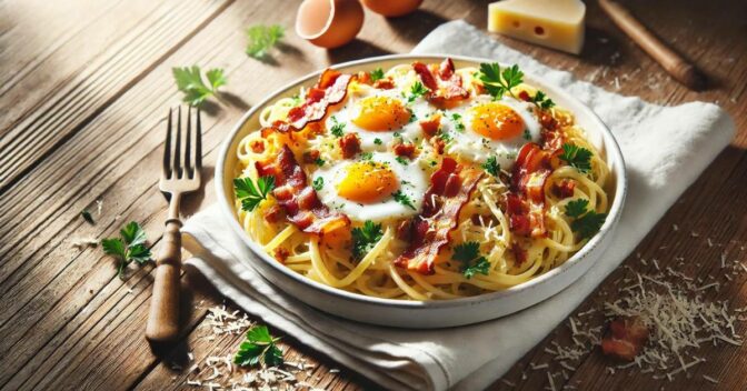 Massas: Macarrão cremoso com bacon e ovos pronto em minutos