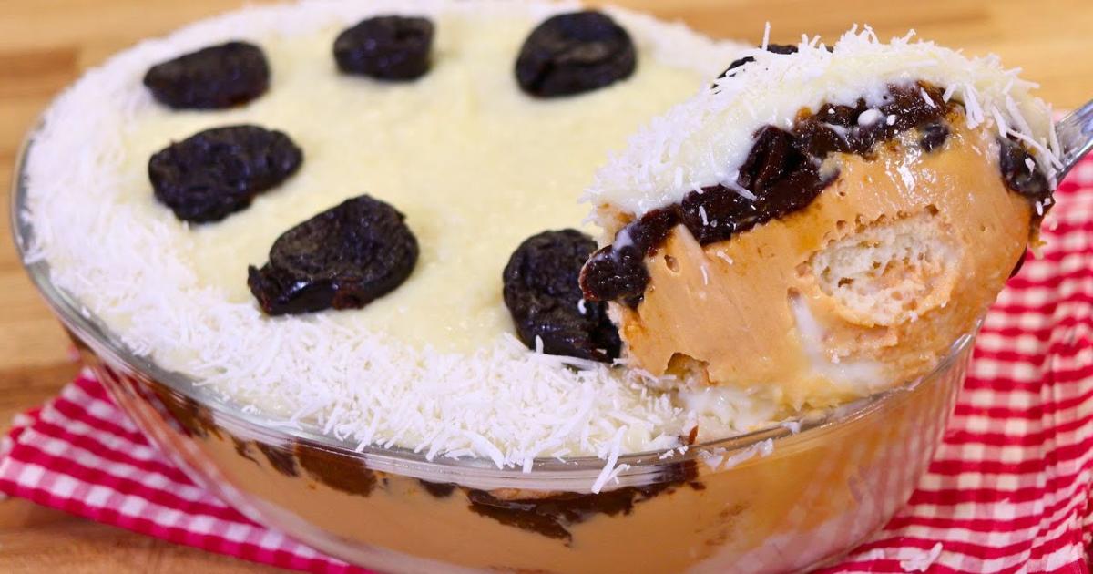 Aprenda a fazer um pavê de olho de sogra com camadas cremosas de coco, doce...