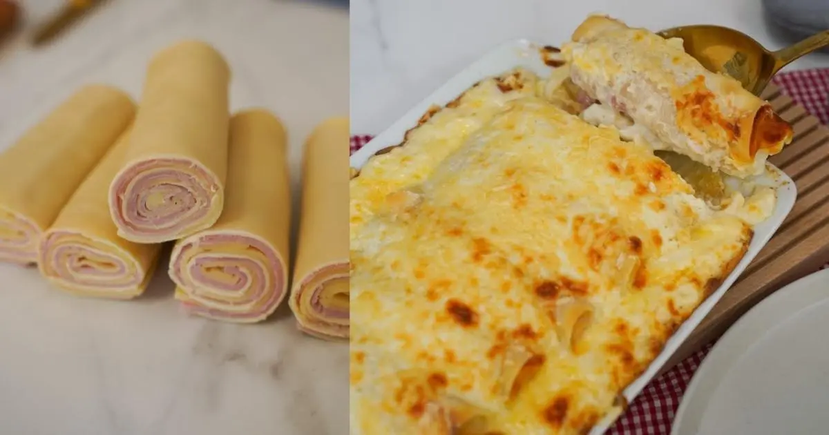 Canelone de presunto feito com massa de pastel, uma receita prática e saborosa para o...