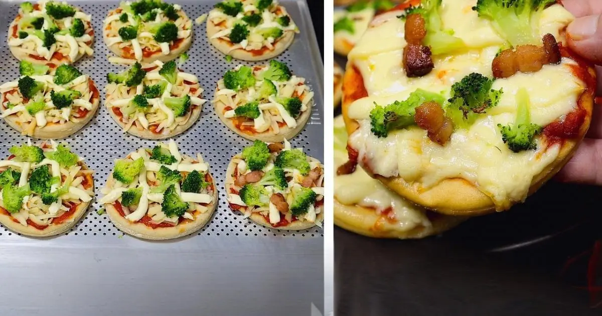 Mini pizza de brócolis e bacon com massa fofinha e recheio cremoso. Fácil de fazer...