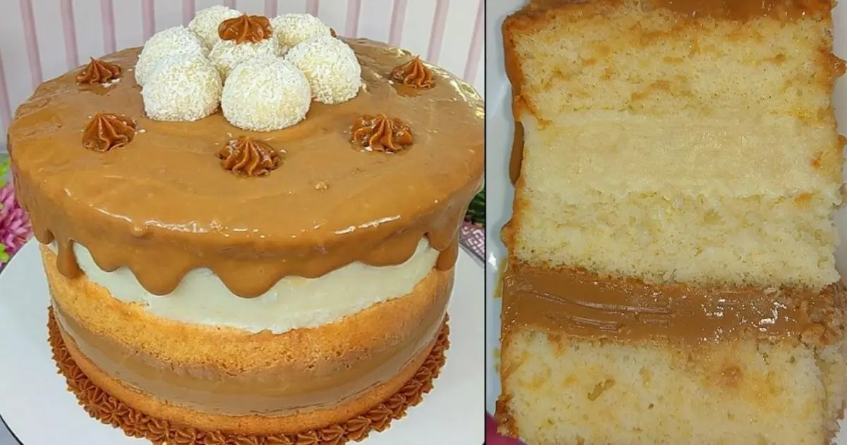 Bolo molhadinho de doce de leite com coco, fácil, equilibrado e perfeito para aniversários....