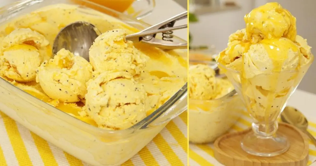 Sorvete cremoso com manga e maracujá, perfeito para o calor....