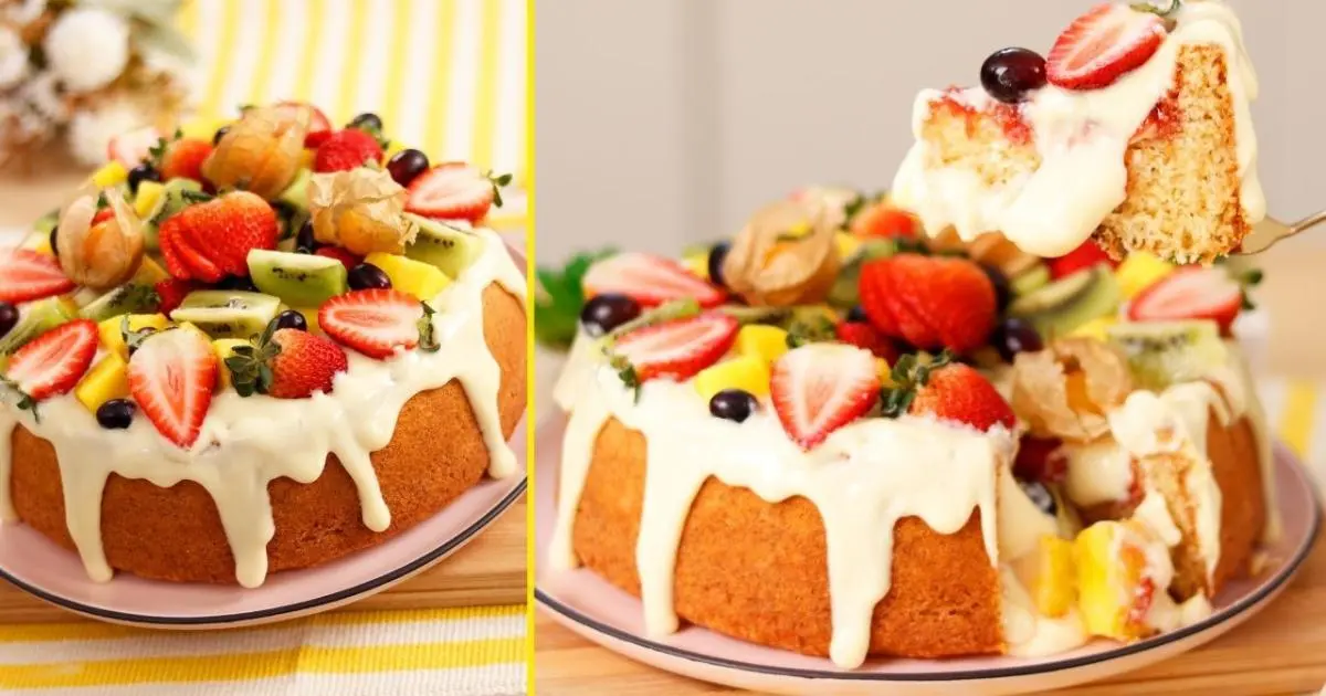 Bolo tropical com recheios de creme belga e geleia de morango....